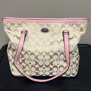 Coach tote style purse light pink and cream with tan letters